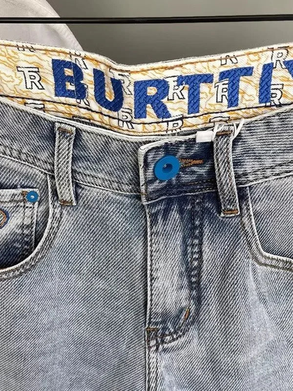 Light Blue Embroidered Jeans Men's Summer Slim Fit Nine-Piece Waed Casual Pants Breathable Straight Leg Jeans Youth Trend