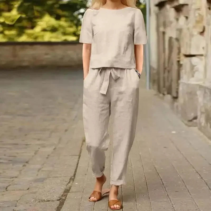Women's Cotton Linen Suit Summer Matching Suit Half-sleeved Round Neck Tie Elastic Waist Trousers Wide-leg Pants Retro Suit