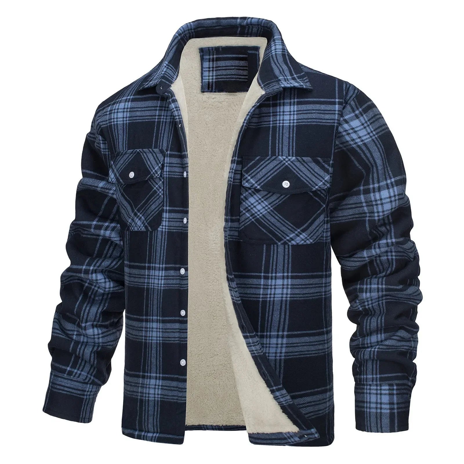 Men Fall Winter Jacket Plaid Print Lapel Soft Plush Long Sleeve Single-Breasted Loose Thickened Casual Mid Length Men Coat