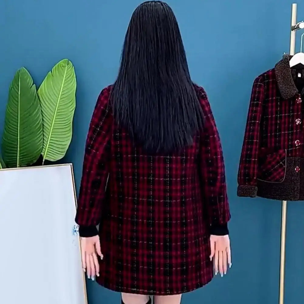Women Plaid Coat Checkered Winter Mother Jacket Pockets Turn-down Collar Single-breasted Mid Length Overcoat Mid-aged Women Coat