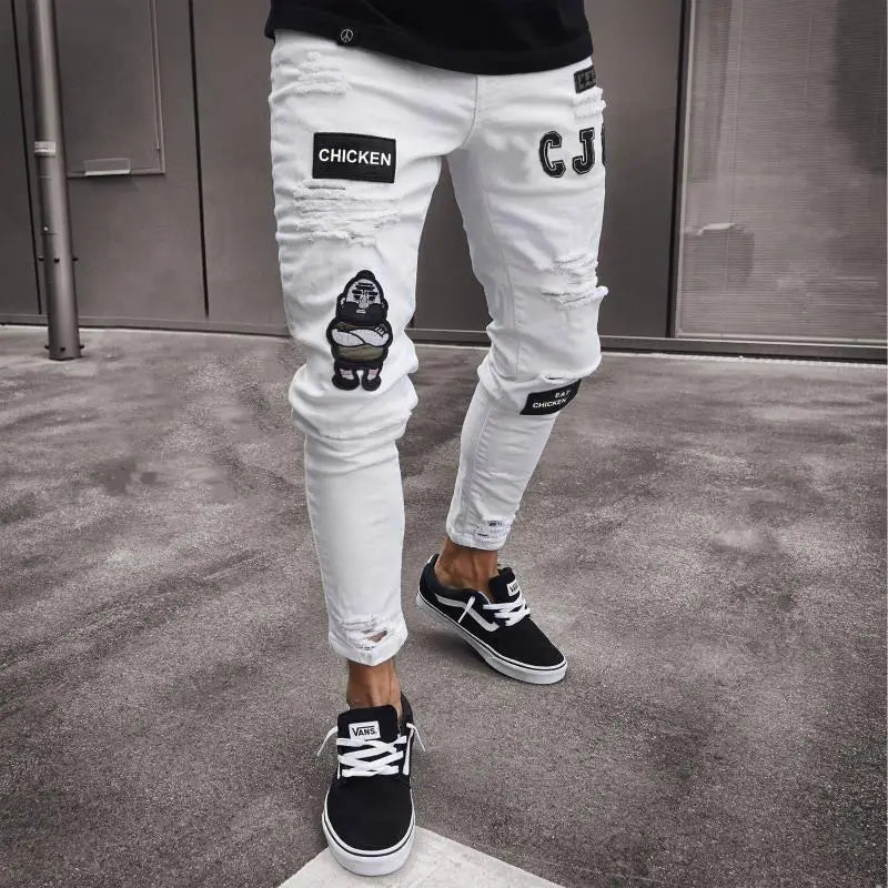 New embroidered fine grain jeans for men, cotton elastic hole slim fit hip-hop denim pants, casual jeans for men, jogging pants