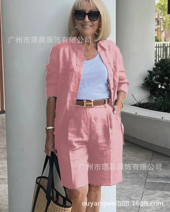 Casual Women Suit Long Sleeve Shirt + High Waist Crotch Pants Sets Two Piece Set Solid Women's Outfit Spring Autumn 2-piece Set