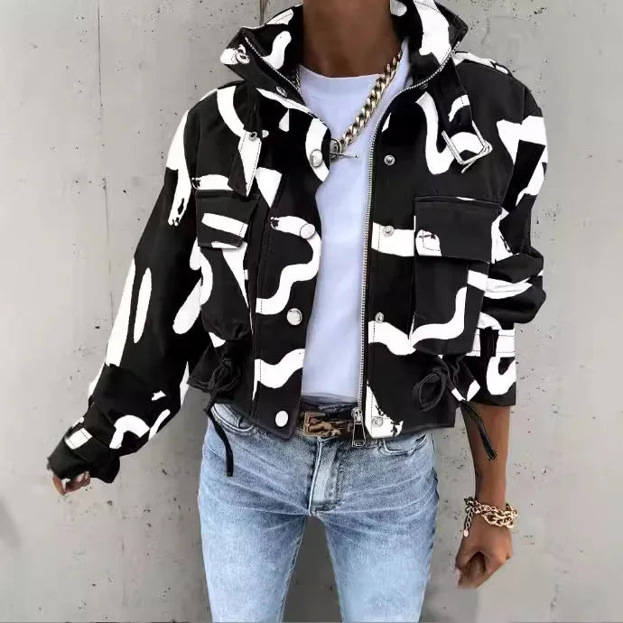 Jackets Women Coats Stand Collar Coat Zipper Print Y2k Tops Streetwear Casual Outerwear Single Breasted Spring Work Jacket
