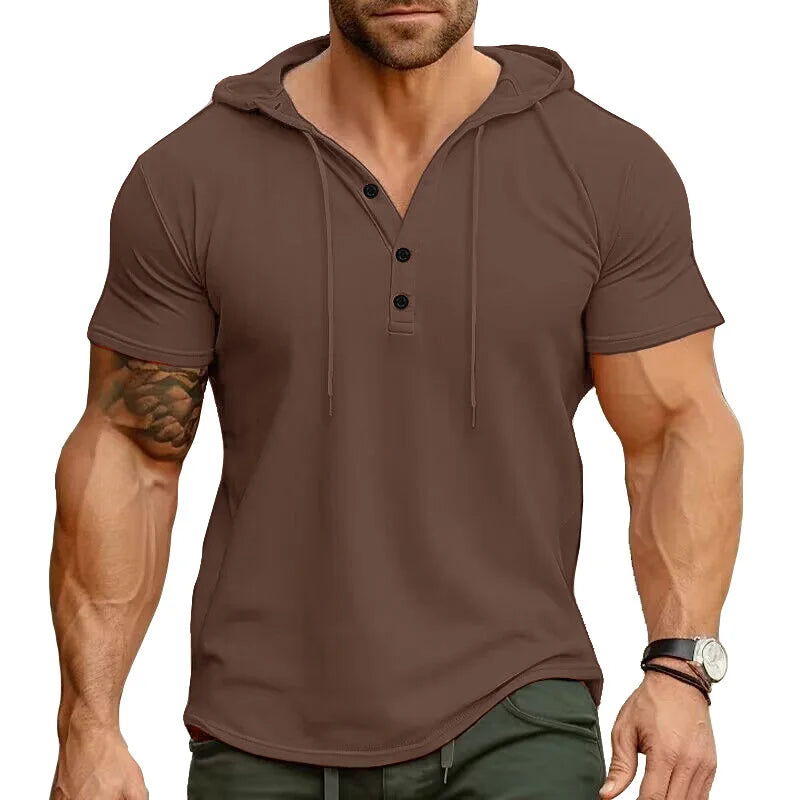 Men's Short-sleeved T-shirts for Sports and Fitness American-style Henley Shirt Hooded Top