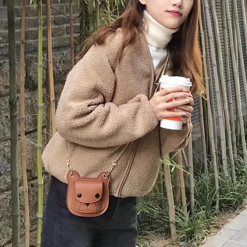 Women Lambswool Jackets 2025 Autumn Winter Thicken Warm Lady Long Sleeve V-neck Outrewear Solid Color Female Chic Zipper Coats