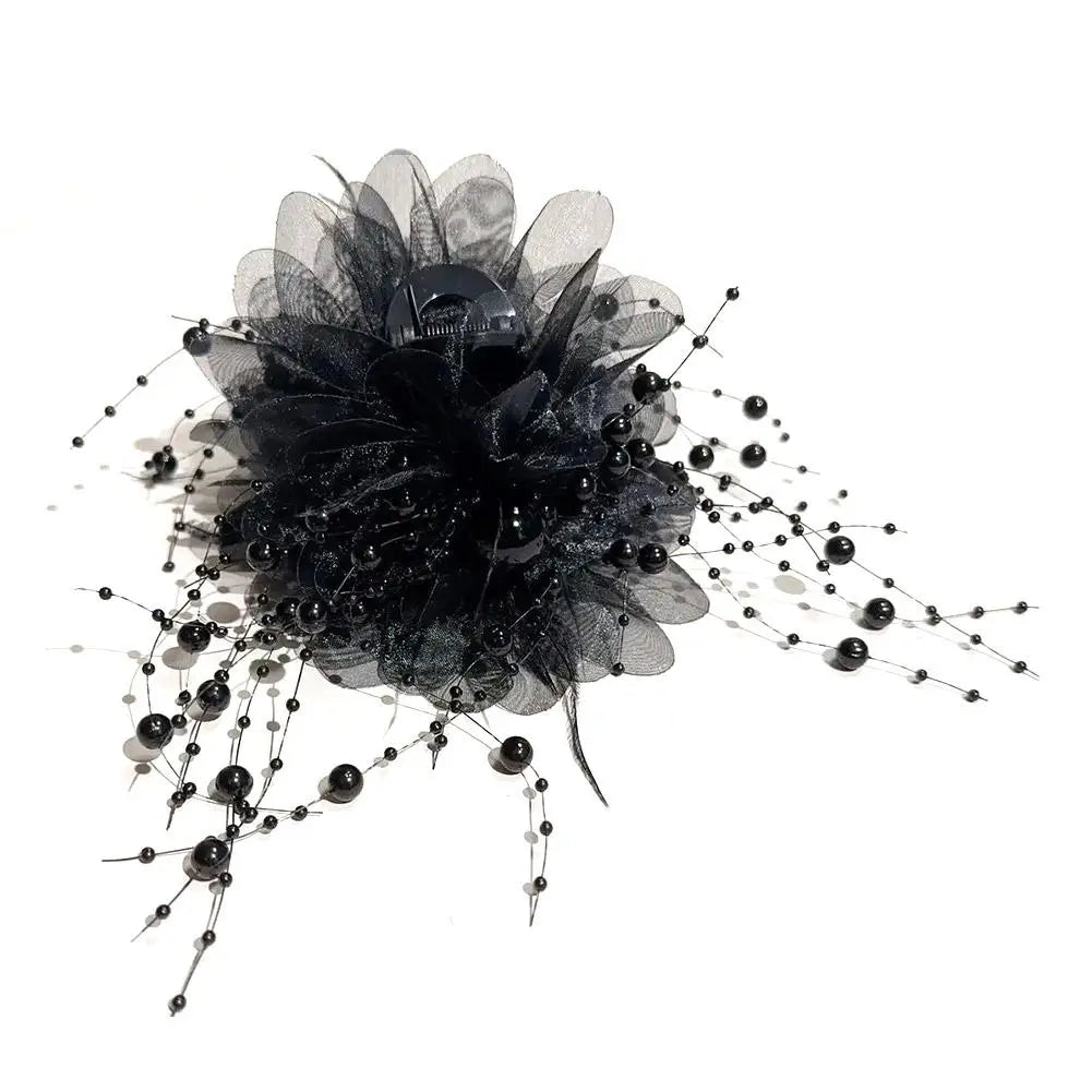 Women Fashion Hair Accessories Girls Flower Hair Claw Pleated Organza Pearls Black Feather Grip Shark Hair Clip Female Headwear