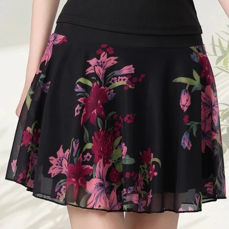 Women Samba Latin Dance Practice Suit Summer New Net Yarn Printed Modern Dance Performance Costume Square Modern Evening Dresses