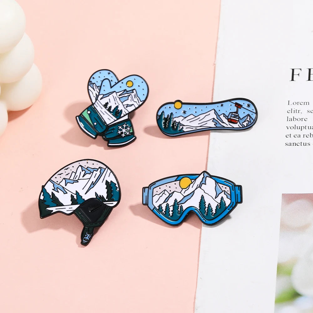 Winter Skiing Equipment Design Enamel Pins Snow Mountain Pattern Snowboard Helmet Snow Goggles Glove Shaped Brooches