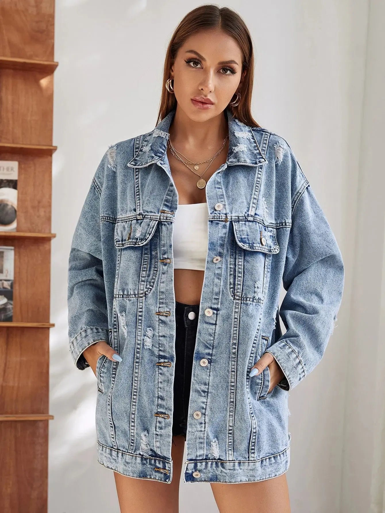 New Denim Jacket for Women Ripped and Distressed Large Size Loose Mid-length Denim Jacket Winter Clothes Women