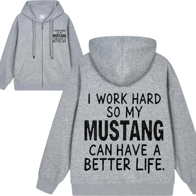 Men's Hooded Jacket Black Mustang Text Print Casual Daily Wear Fashion Streetwear Top Quality Comfortable Sweatshirt