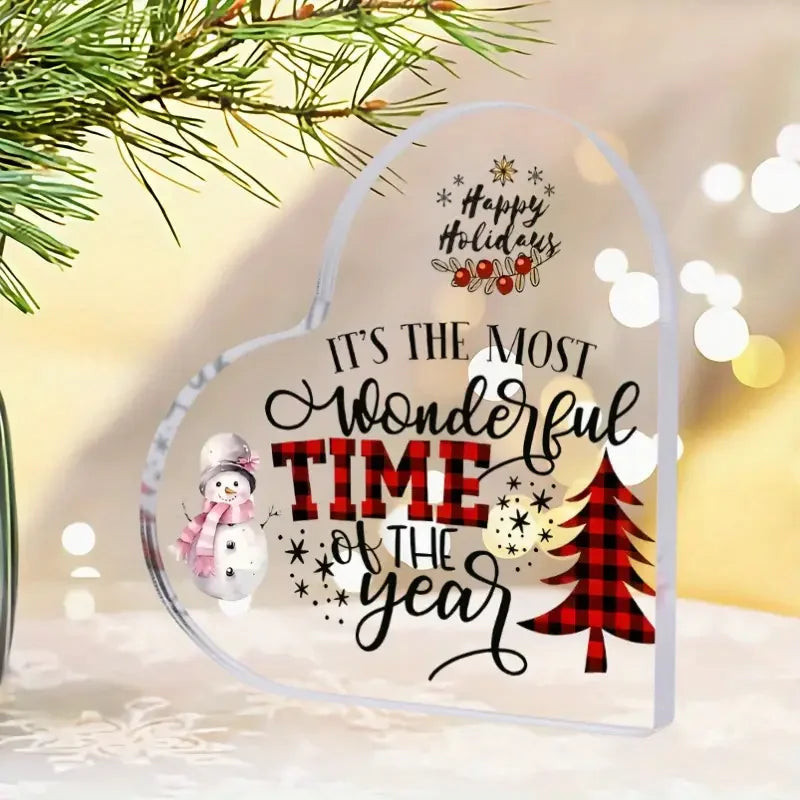 Acrylic Christmas Decoration Sign, Heart-Shaped with Snowman & Tree, 