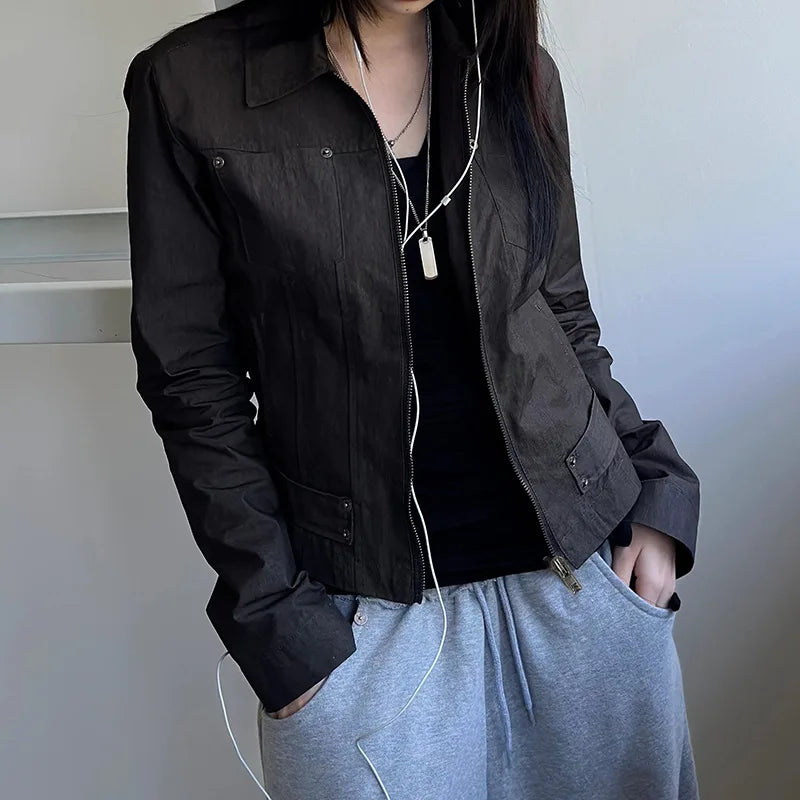 Women Jacket Pocketd Long Sleeve dCasual Zipper Coats Slim Fit Turn Down Collar Solid Outwear Elegant Lady Autumn