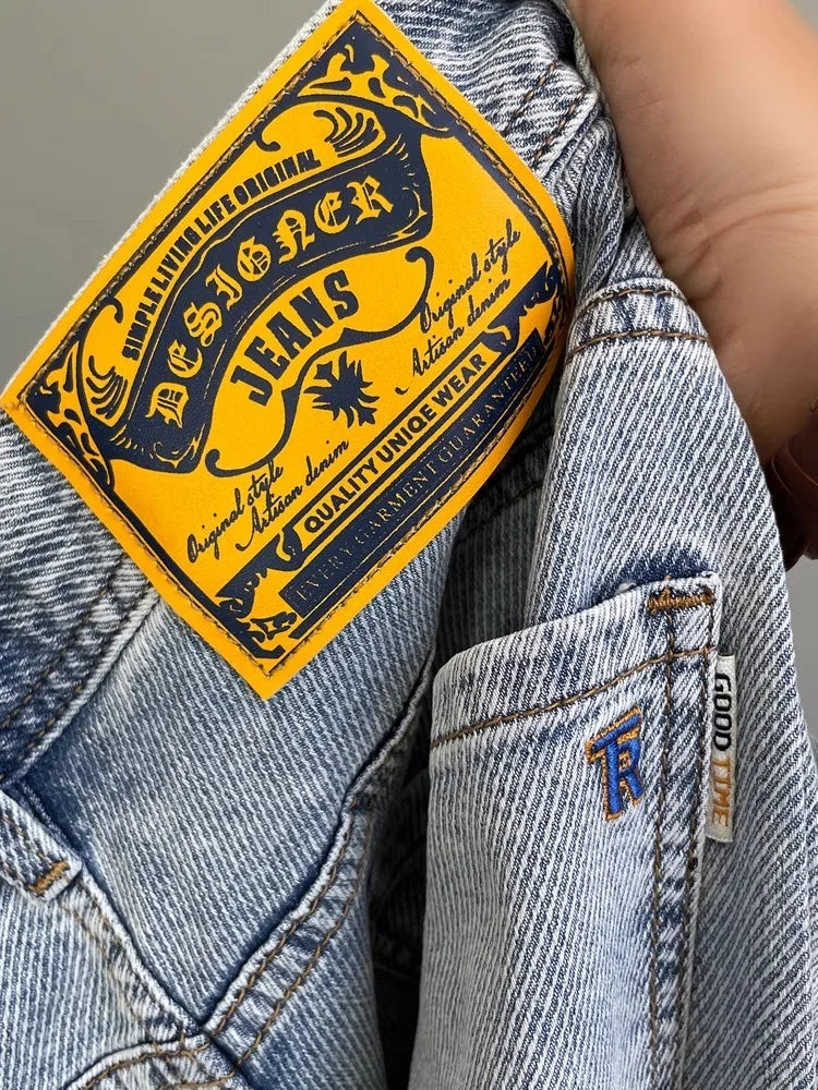 Light Blue Embroidered Jeans Men's Summer Slim Fit Nine-Piece Waed Casual Pants Breathable Straight Leg Jeans Youth Trend