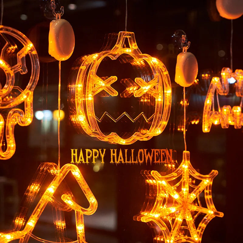Halloween Decoration Window Lights LED Sucker Lamp Orange Pumpkin Ghost Witch Hat Hanging Lamp Halloween Party Home Decorations
