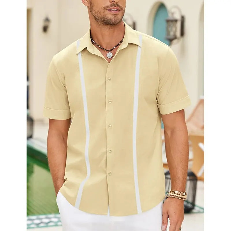 Men's Shirts Guayabera Shirts Button-Down T-Shirts Summer T-Shirts Beach Wear Navy Blue Short Sleeves Colorful Casual Daily Wear