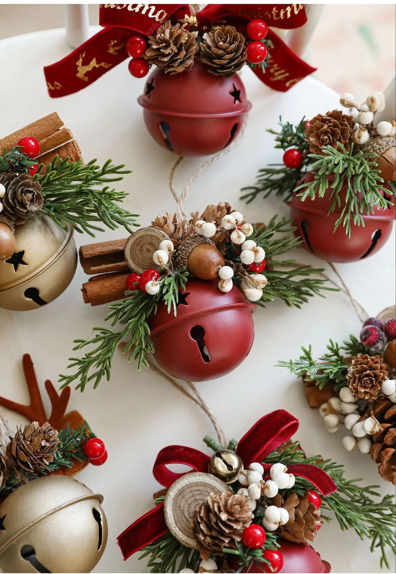 Christmas Hanging Decor Set, Assorted Deer Antler Bell Bow Pinecone Ornaments for Xmas Tree Home Car Gift