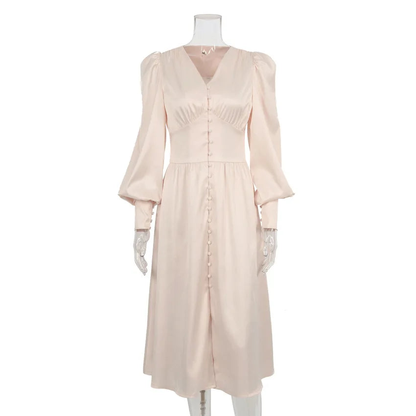 Autumn and Winter Women's Long Dress V-neck Satin Waist Retro Dresses for Women