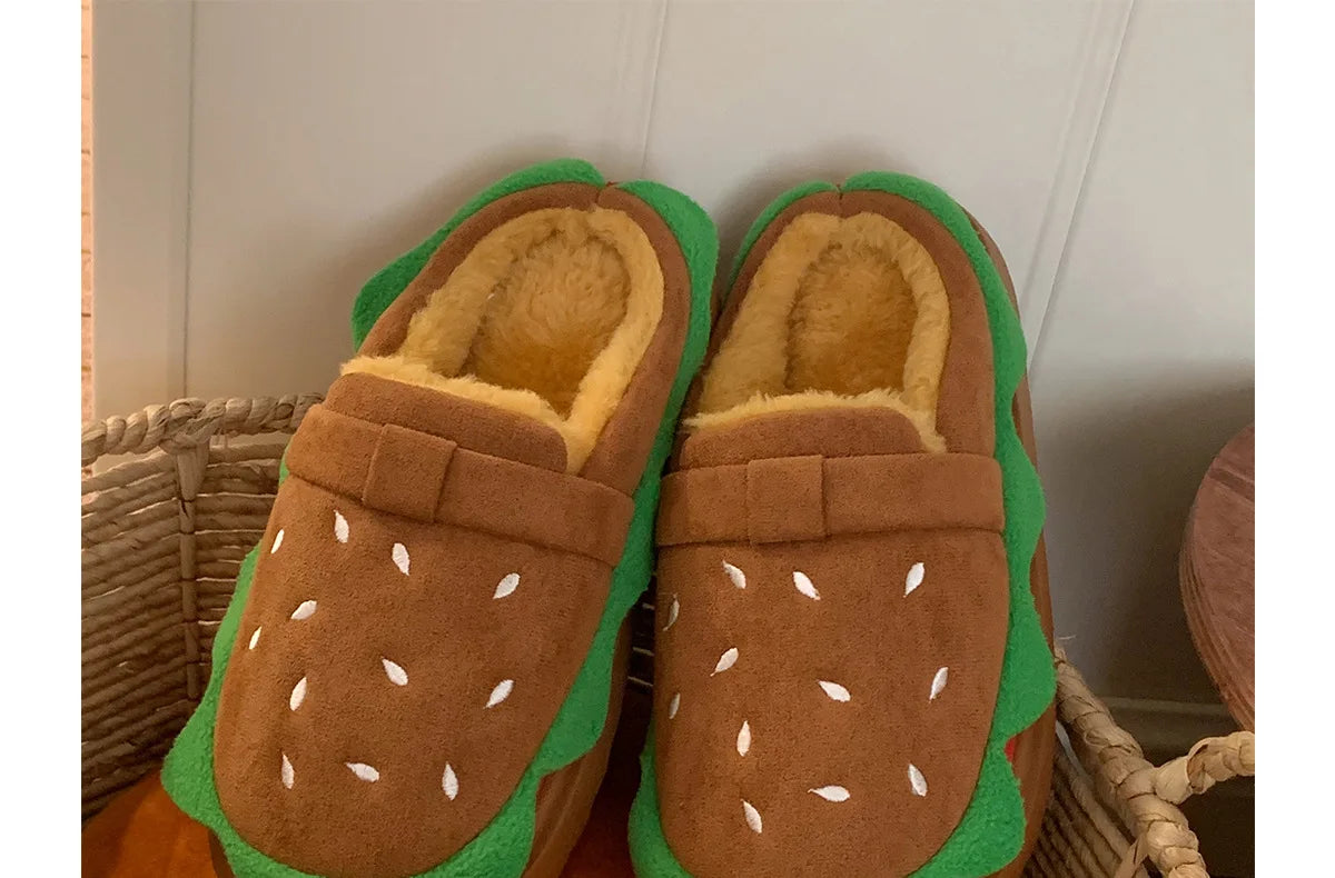 Women's Home Slippers Winter Warm Fuzzy Hamburger Slippers Funny Cute Indoor Rug Flat-Soled Home Shoes Plush Home Slippers