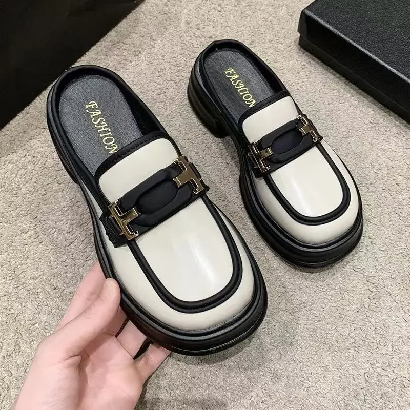 2025 New Shoes French Thick Sole Half Support Loafers Casual Women's Single Shoes British Style Small Leather Shoes