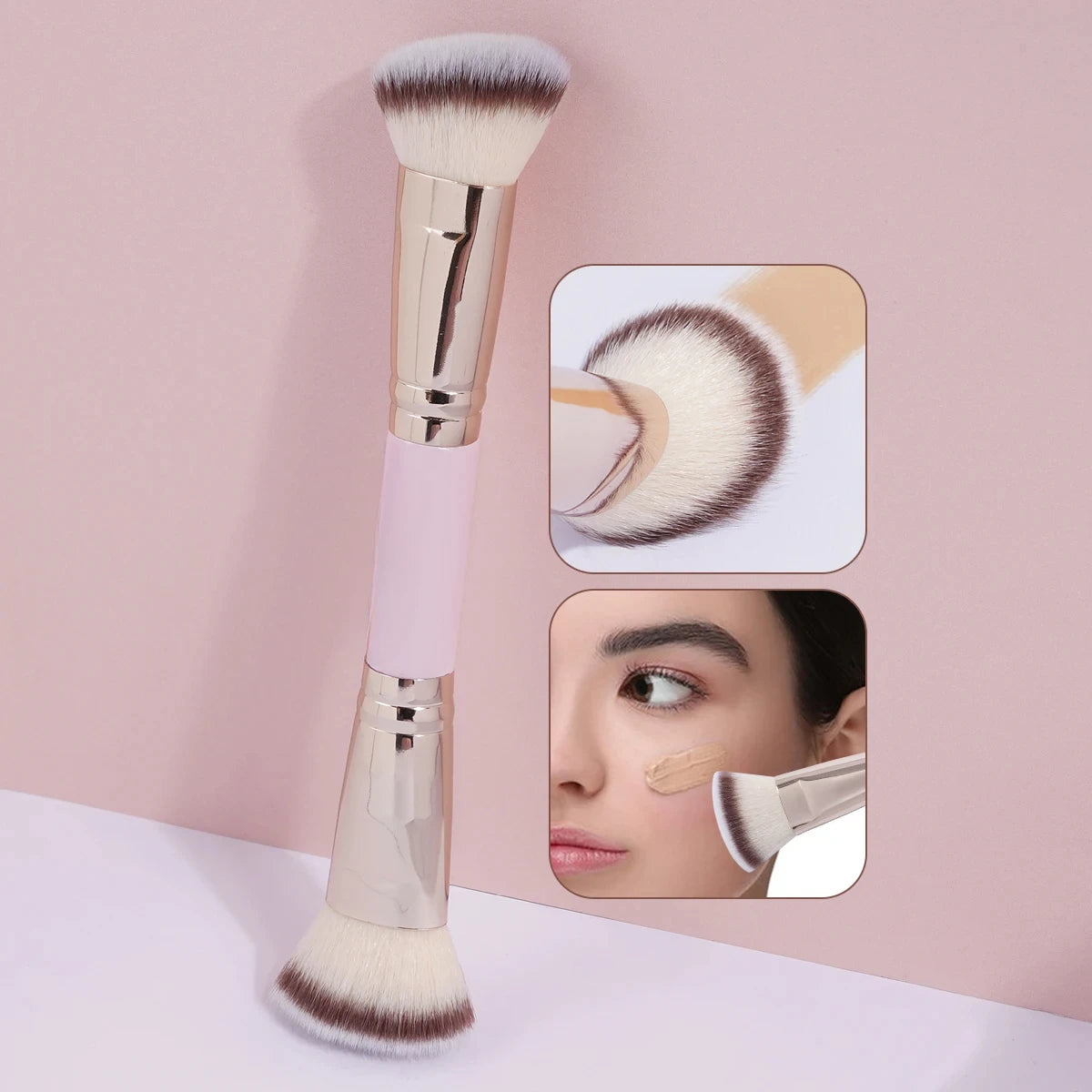 Double Head Makeup Brushes 2 In 1 Flat/Angled Foundation Concealer Contour Brush for Blending Loose Powder Liquid Cream