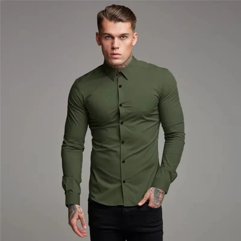 Men's Shirt Fashion Full Sleeve Shirt Men's Muscle Casual Slim-fit Business Dress Solid Color Shirt Men's Gym Fitness Men Shirt