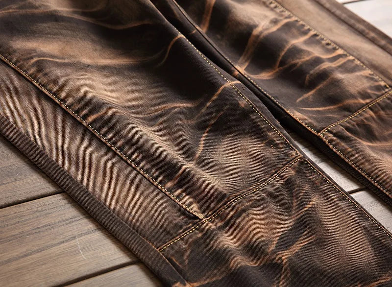 2025 Men's Fashion Vintage Jeans Slim Straight Leg Tie Dye Pleated Biker Denim Pants Male Casual Pants Oversized 42 High Quality