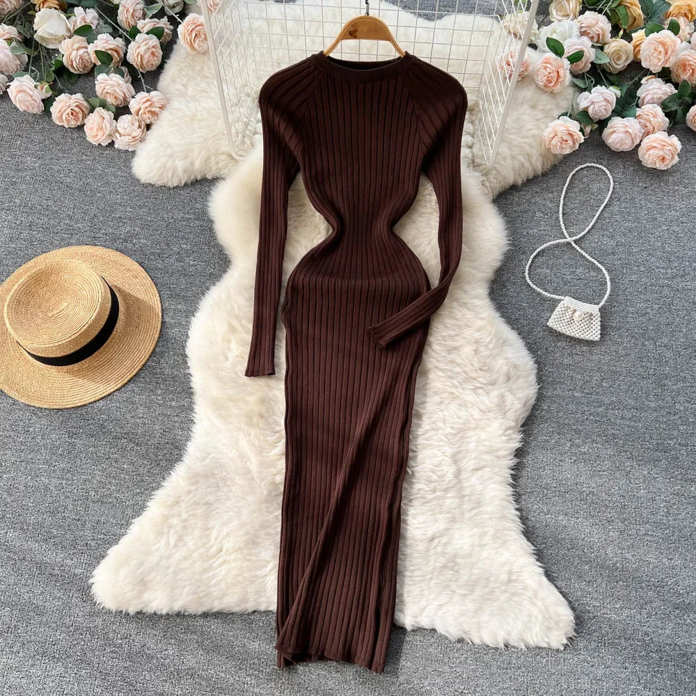 Women Knitted Dress O Neck Sexy Slim Elastic Oversized Basic Bodycon Long Dress Winter knit Warm Sweater Dresses