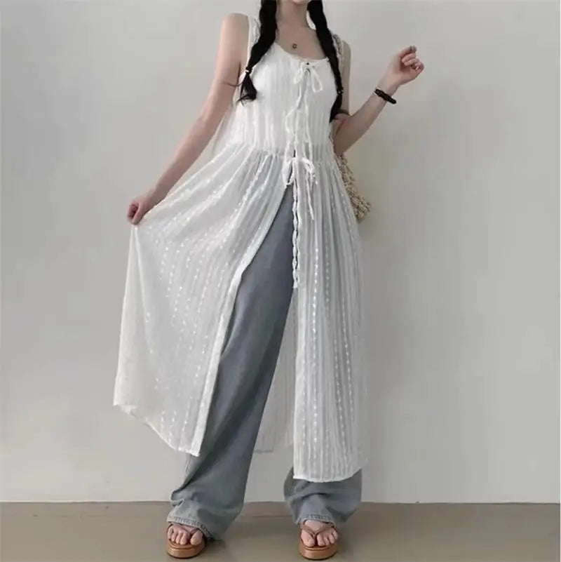 Embroidered Dress for Women in Summer Thin Lace up Layered Vest Long Cover Skirt