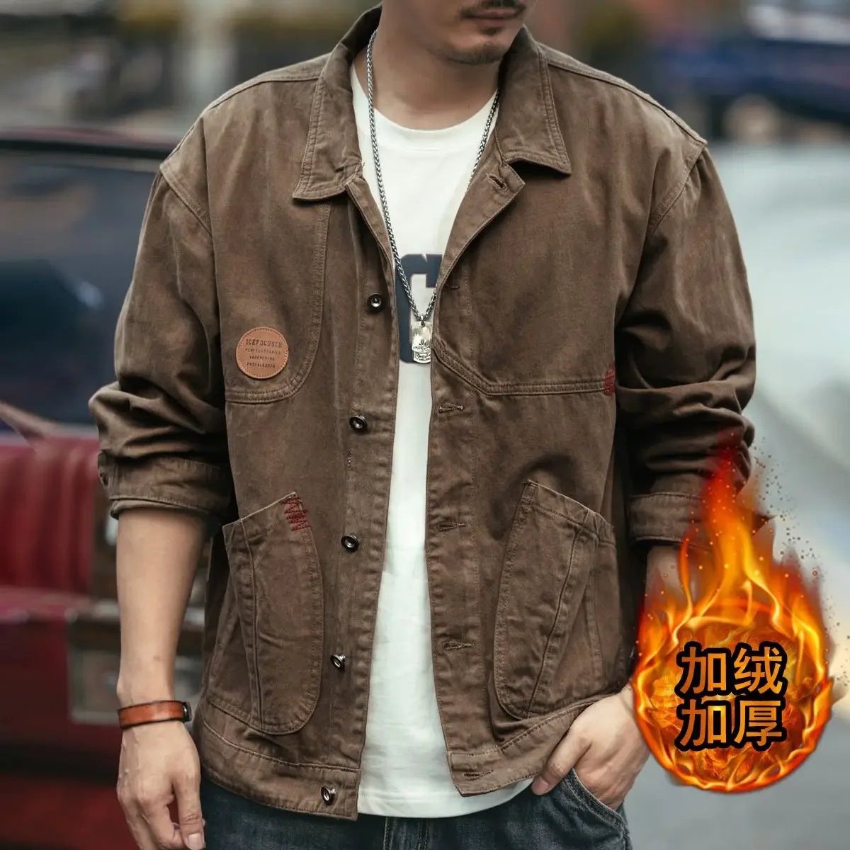 High end work jacket, men's spring and autumn trendy brand, loose American retro lapel jacket, casual and handsome denim jacket