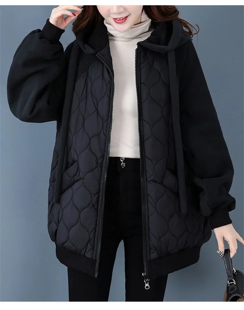 Autumn/Winter Jacket Women Hooded Splice Down Cotton Coat 2023 European Station Large Size Loose Cotton Jacket Female Outerwear