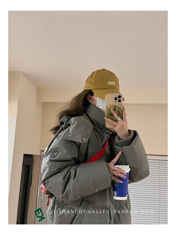 Women's Down Cotton Jacket Hooded Coat Winter Cotton Comfortable Thick Warm Love Embroidery Loose Jacket Snow Coat Clothing