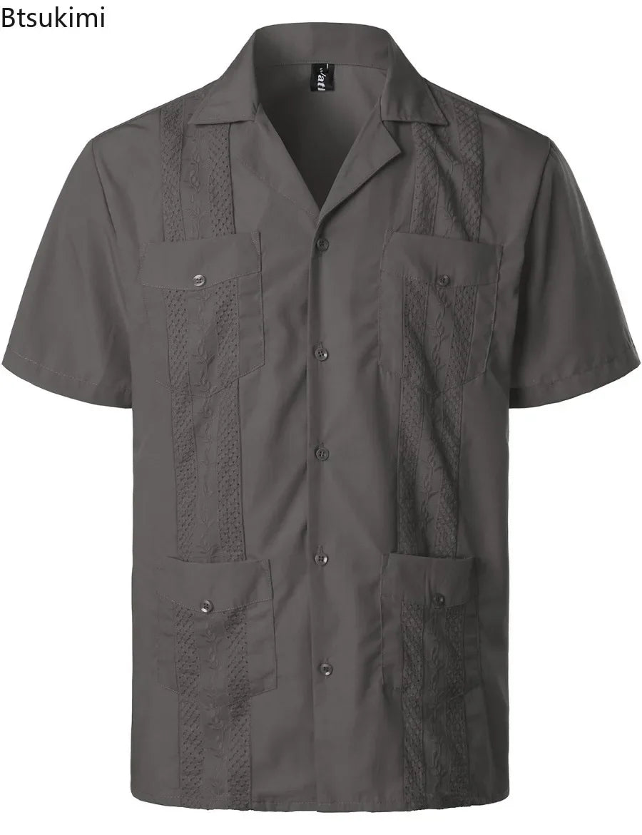 Summer New Mens' Shirts Multi-pockets Lapel Short Sleeve Single Breasted Cardigan Male Casual Beach Shirts Traditional Costumes