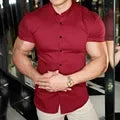 Men's Single-breasted Shirt Casual Cardigan Short-sleeved Lapel Shirt Slim-fit Elastic Sports Fitness Solid Color New Summer