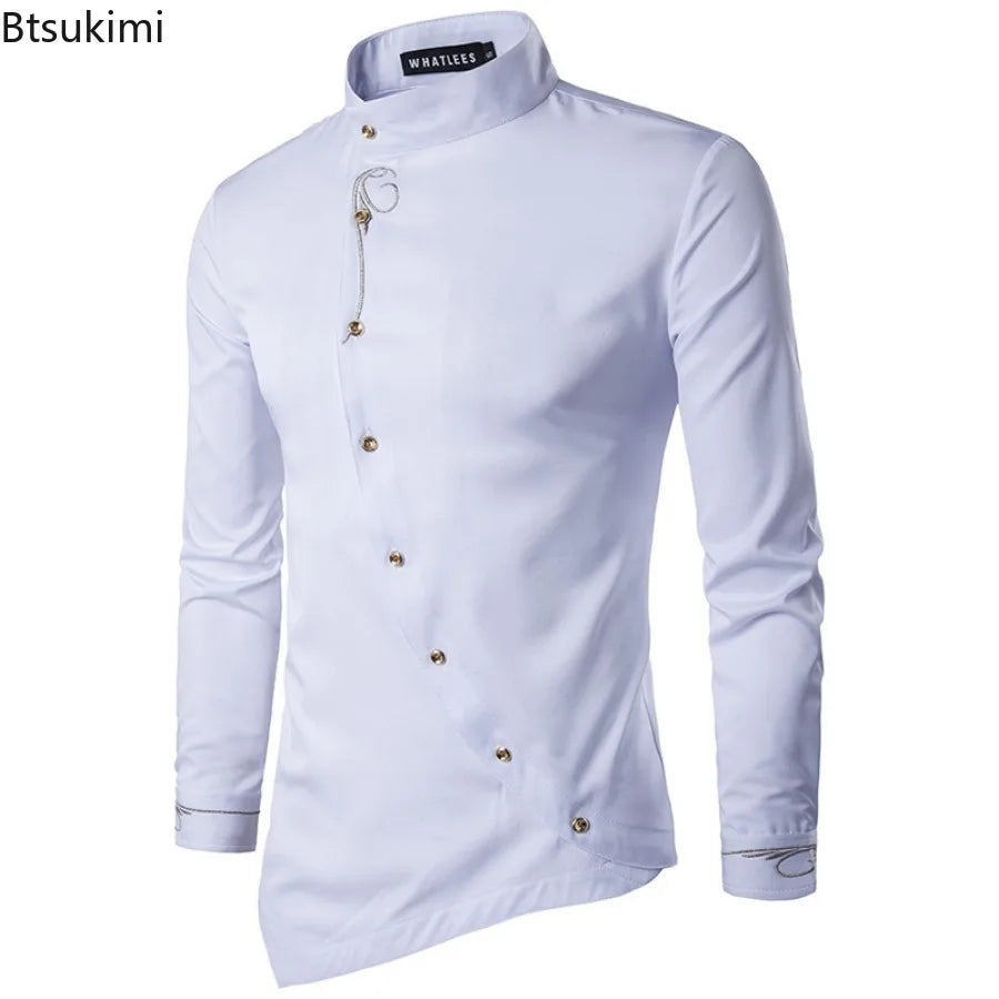 2025 Men's Oblique Button Dress Shirt High Quality Long Sleeve Slim Embroidery Shirts Men Stand Collar Business Wedding Camisas