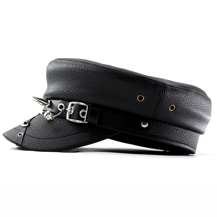 Women's Accessories  Black Pu Leather Flat Top Captain Military Caps Women's Trendy Beret