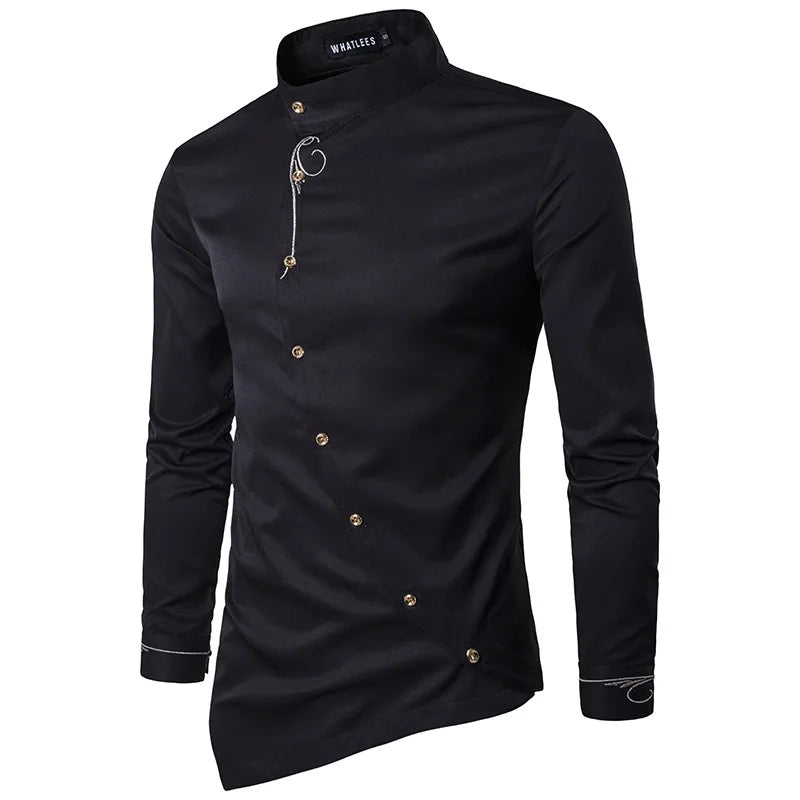 2025 Men's Oblique Button Dress Shirt High Quality Long Sleeve Slim Embroidery Shirts Men Stand Collar Business Wedding Camisas
