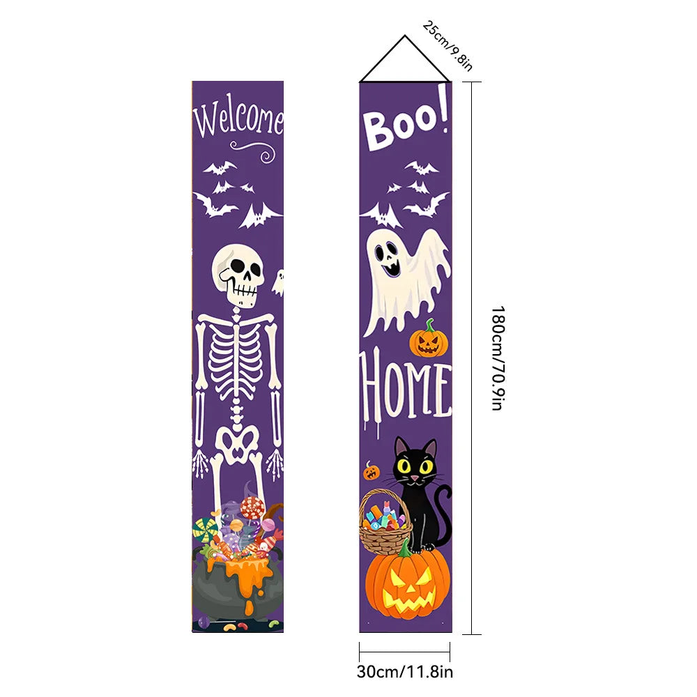 Halloween Couplet Horror Theme Festival Carnival Party Decoration Polyester Backdrops Pumpkin Skeleton Pattern Door Curtain