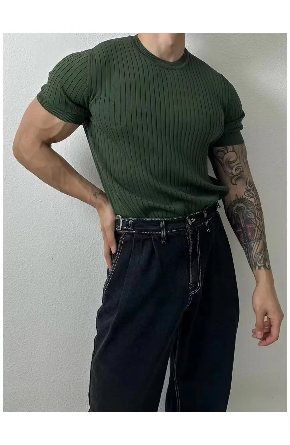 Men T-Shirts Summer Casual Fashion Quick-Drying Elastic Short Sleeve Gym Sports Fitness Bottoming Shirt Vertical Stripe T-Shirt