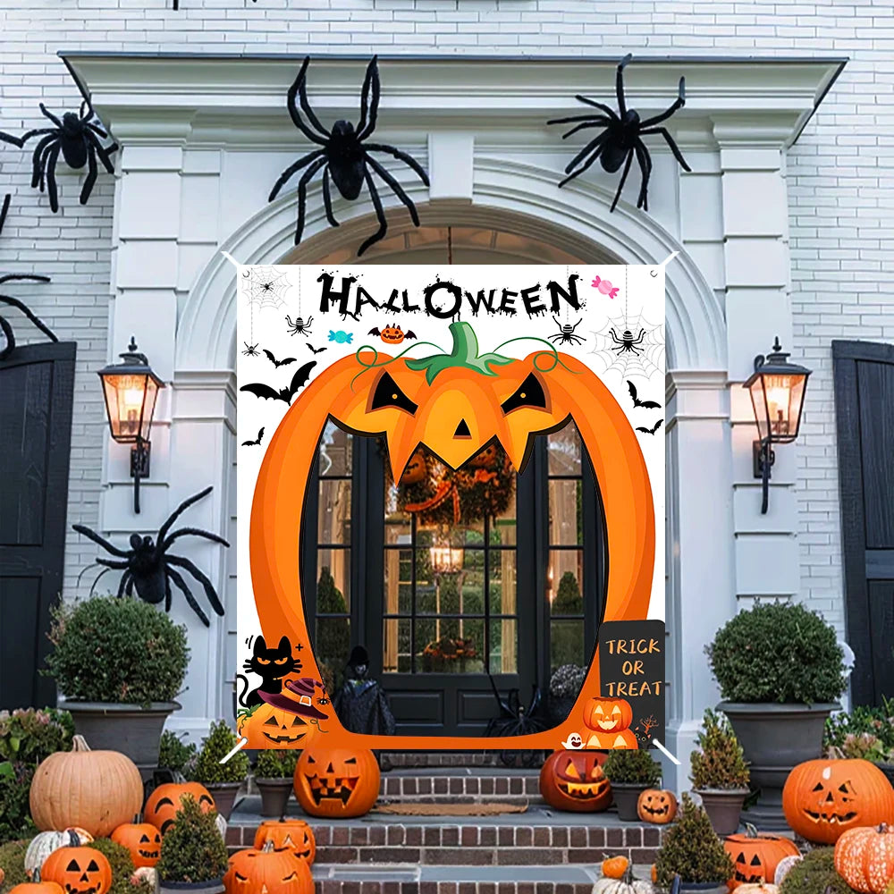 Halloween Pumpkin Party Decorations Scary Pumpkin Door Banner Creepy Photo Booth Props Large Horror Photography Backdrop