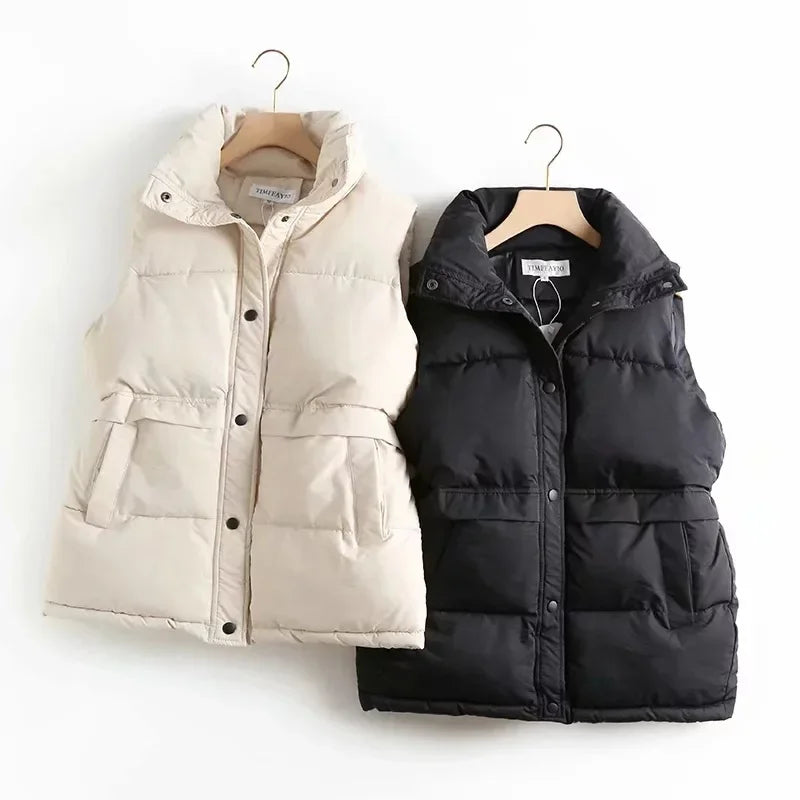 Winter Women Solid Loose Vest Fashion Drawstring Stand Collar Long Vest Jacket  Cotton Padded Women Windproof Warm Waistcoat