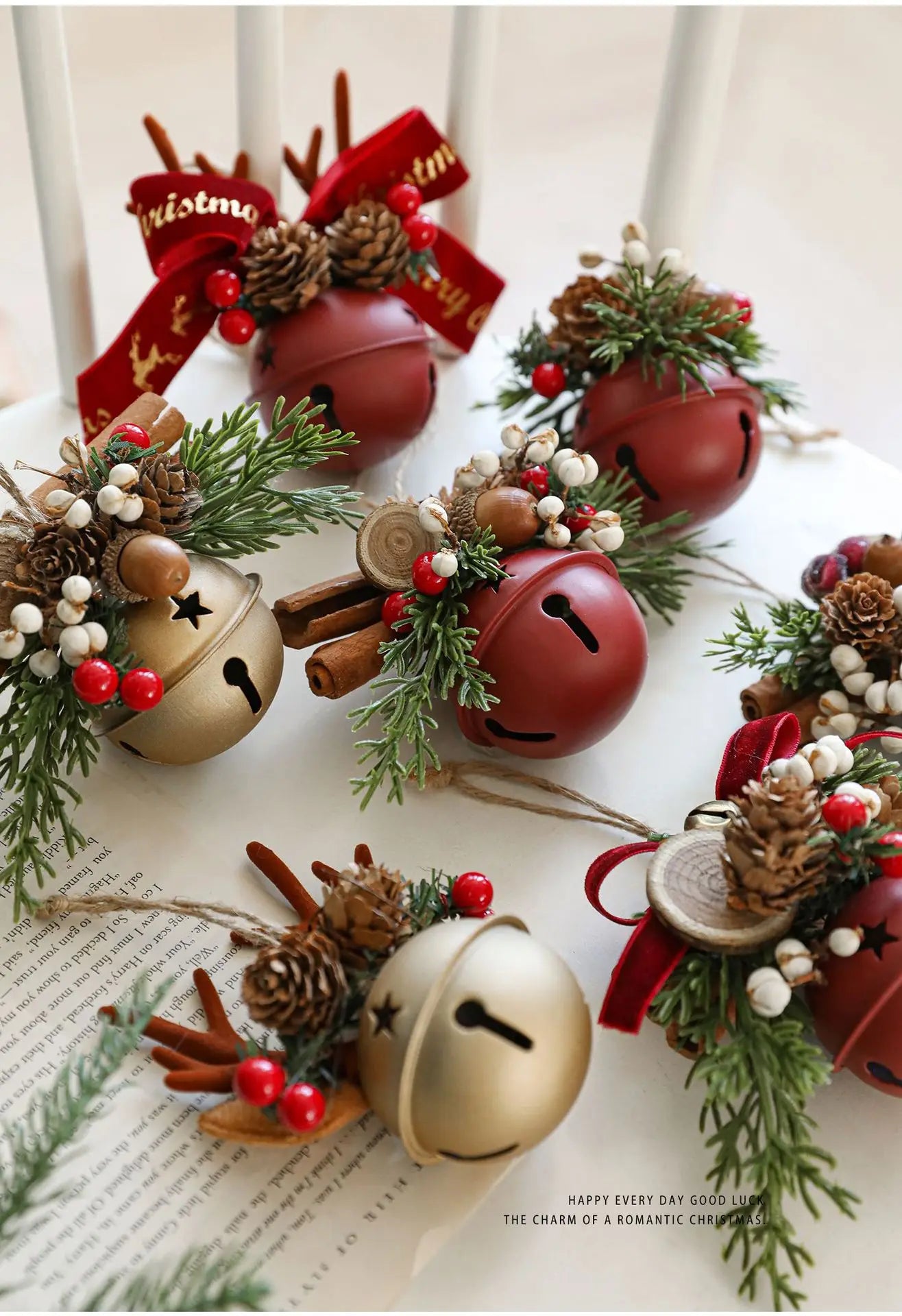 Christmas Hanging Decor Set, Assorted Deer Antler Bell Bow Pinecone Ornaments for Xmas Tree Home Car Gift