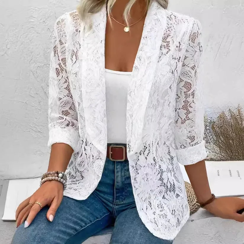 Women's New Spring/summer Stylish Small Suit  Solid Color Lace Hollow-out Long-sleeved Lapel Shirt Jacket Cardigan Suit Soat