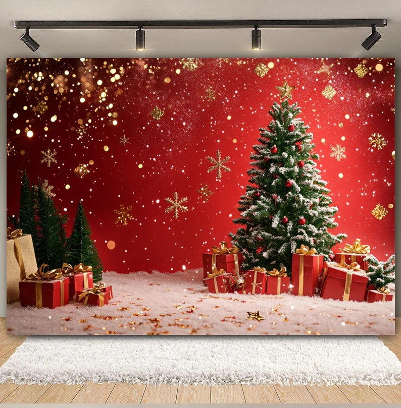 Christmas Day Decor Backdrop for Photography Xmas Tree Red Room Wall Glitter Gift Family Holiday Portrait Decor Photo Background