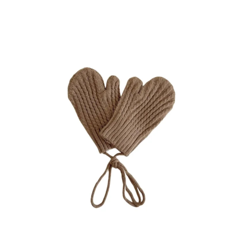 Winter Wool Children Mittens with Straps Knitted Finger Warmer Gloves for Girls Boys Solid Color Kids Accessories 4-10 Years Old