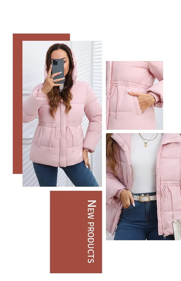 Women's Winter Tops Jacket Cotton Coat Waist Drawstring Hooded Large Size Warm Thickened Vintage Leisure Designed Soft Versatile