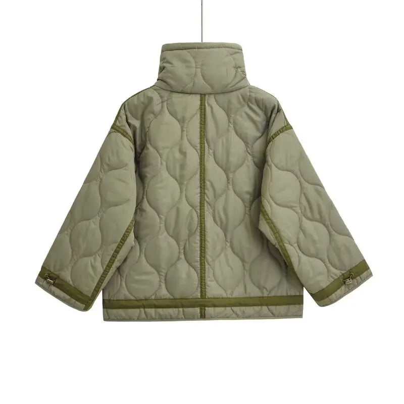 Quilted coat for women ETJ 2024traf QUILTED JACKET WITH TIES new beige drawstring high neck pocket clip cotton jacket for women
