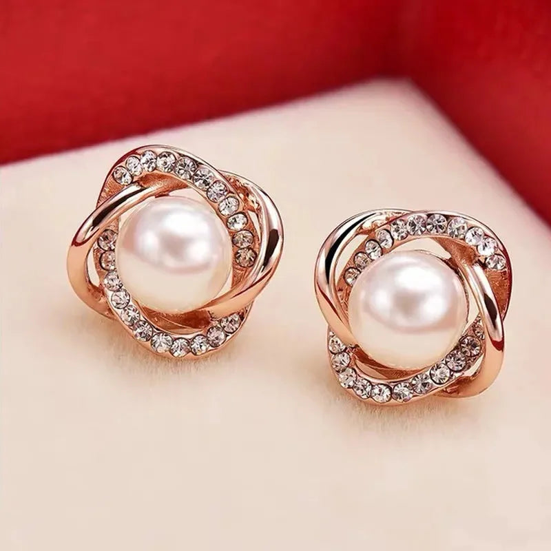 Upscale 14k Gold Jewelry Real Gold  Earrings Zircon Pearl Twist Luxury Stud Earrings for Women Brincos Pendientes Bijoux