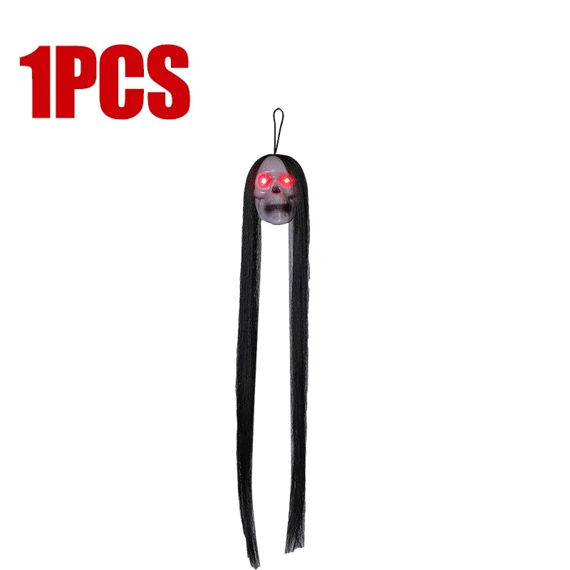 Halloween Hanging Ghost Skull with Long Hair Glowing Eyes Terror Skull Ghost House Head Skeleton Props 2024 Halloween Decoration