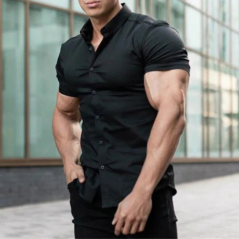 Men's Single-breasted Shirt Casual Cardigan Short-sleeved Lapel Shirt Slim-fit Elastic Sports Fitness Solid Color New Summer