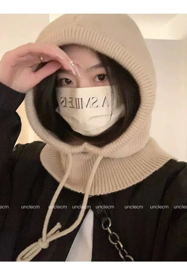 Winter Balaclava Hats For Men&Women Unisex Knitted Hooded Caps Outdoor Warmer Drawstring Hats One-Piece Neck Collar Beanies Cap
